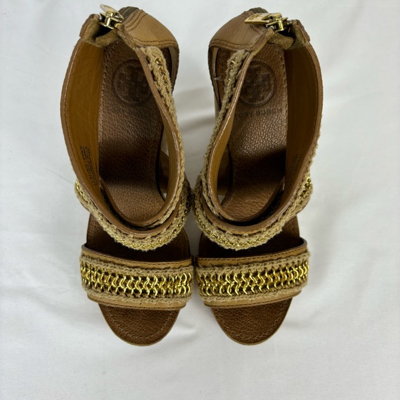 Tory Burch Lucian Sandals Leather Gold Chain Strappy Platform Wedges Tan Size 6 - Picture 5 of 15
